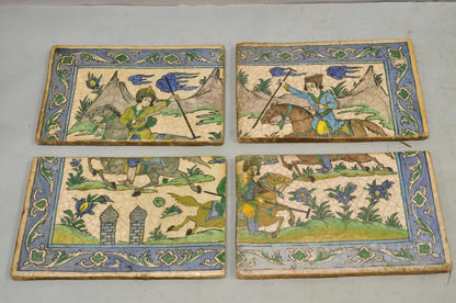 Antique Persian Iznik Qajar Style Ceramic Pottery Tile Mosaic Polo Players C7