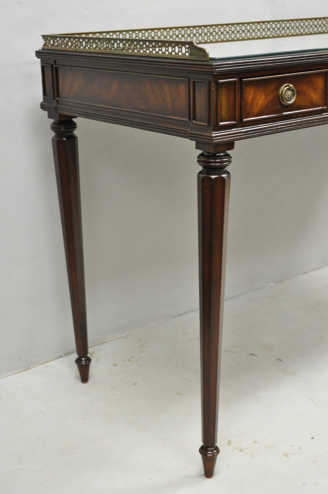 Maitland Smith Mahogany Regency Style 3 Drawer Writing Desk w/ Brass Gallery