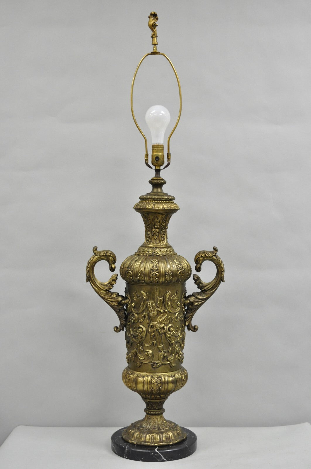 Antique Italian Renaissance Gold Bronze Figural Twin Handle Urn Large Table Lamp