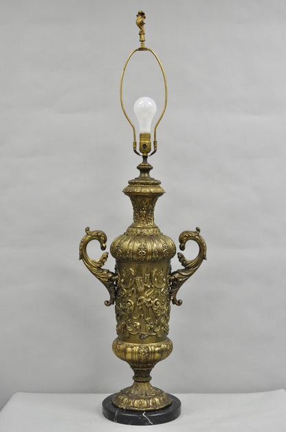 Antique Italian Renaissance Gold Bronze Figural Twin Handle Urn Large Table Lamp