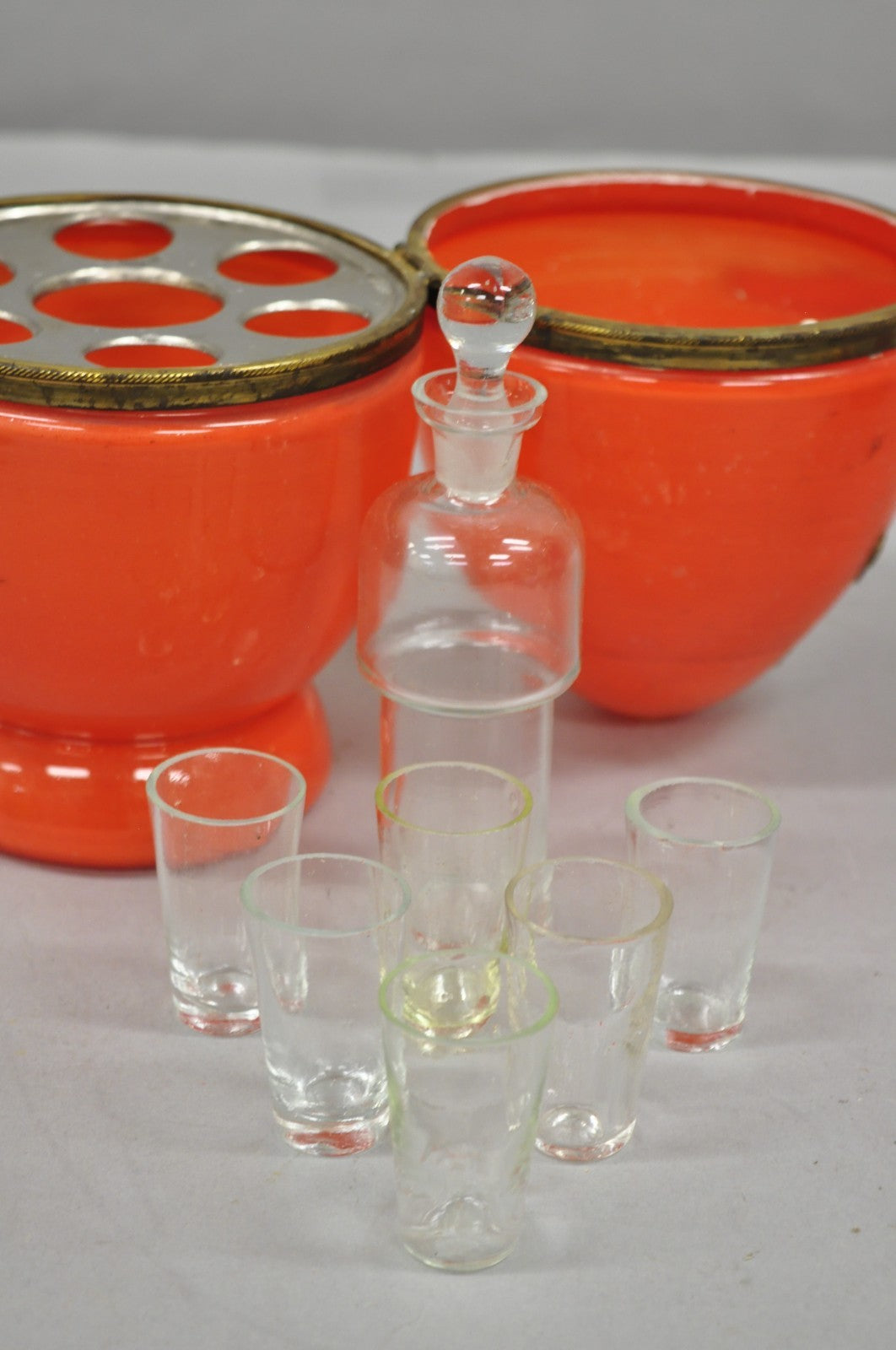 Art Deco Czech Glass Egg Orange Coralene Hinged Liquor Tantalus Cordial Set
