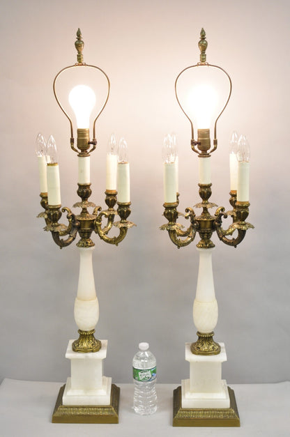 Vintage French Empire Alabaster Column Brass Metal Candelabra Table Lamps - Pair