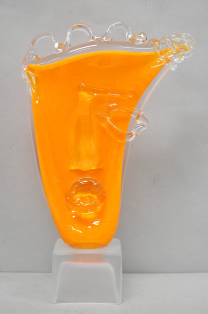Ion Tamaian Postmodern Orange Blown Art Glass 20" Large Abstract Face Sculpture