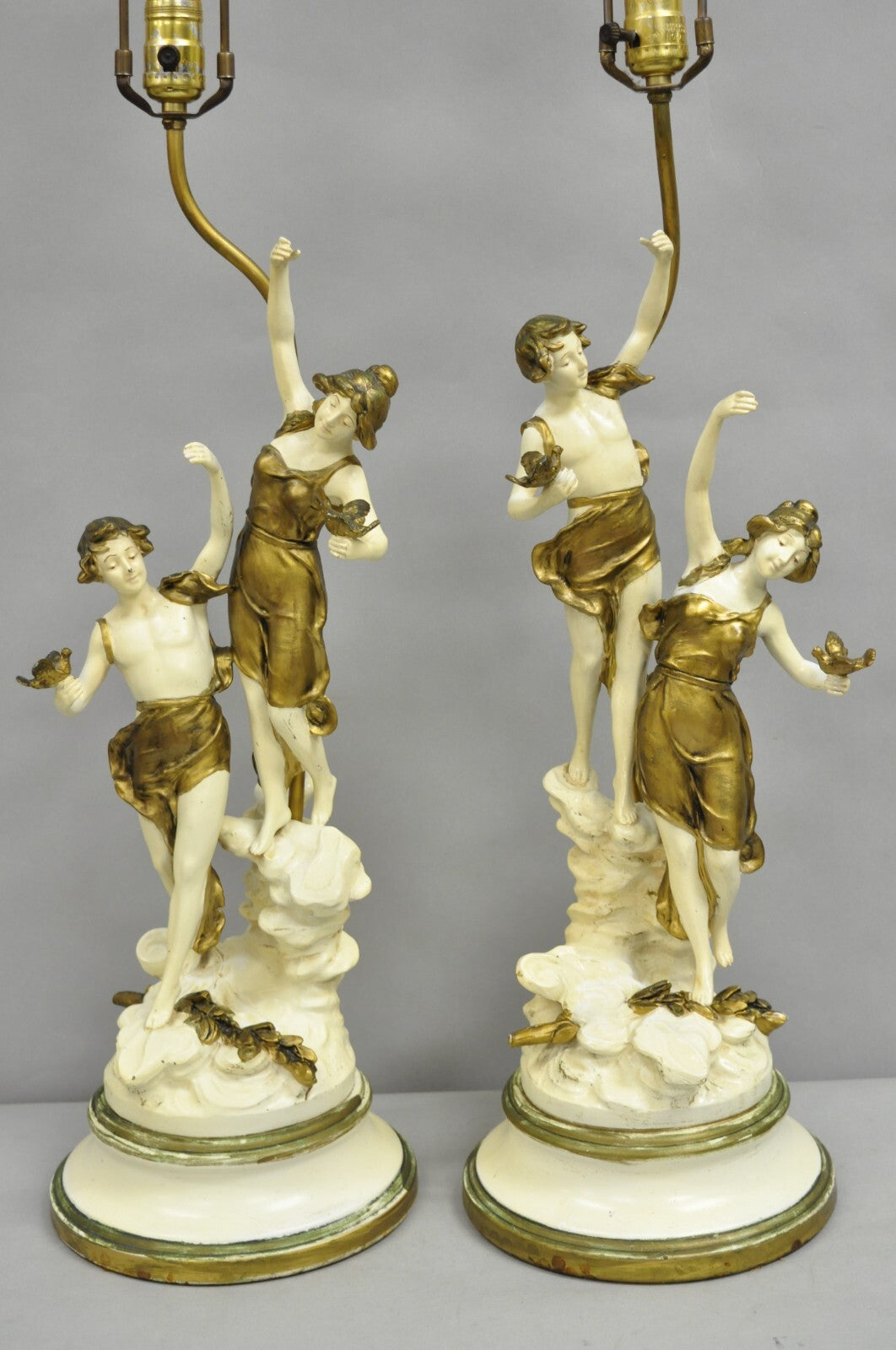 Antique L&F Moreau Spelter Metal Painted Figural Boy and Girl Table Lamp - Pair