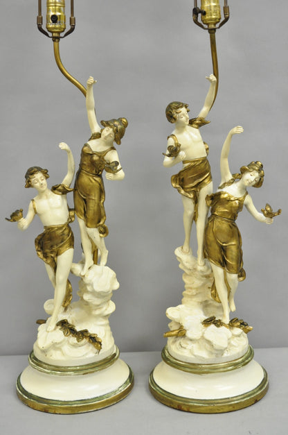 Antique L&F Moreau Spelter Metal Painted Figural Boy and Girl Table Lamp - Pair