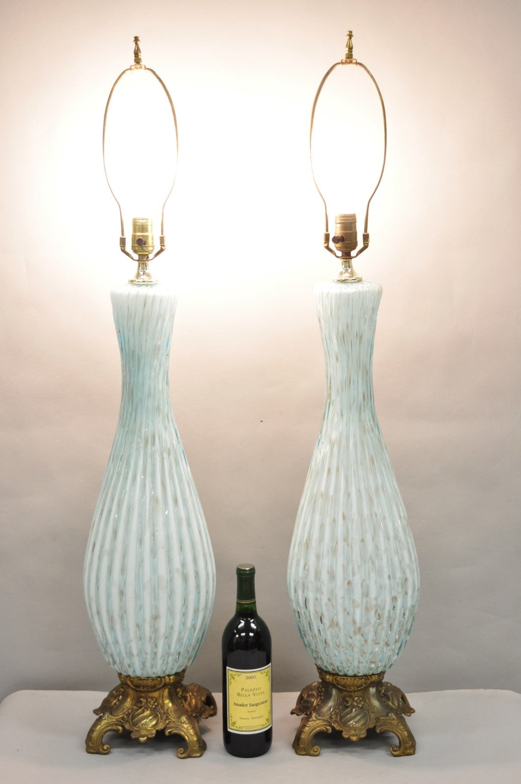 Vintage Mid Century Modern Blue Italian Murano Glass Gold Bubble Table Lamp Pair