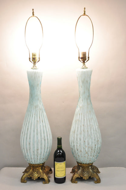 Vintage Mid Century Modern Blue Italian Murano Glass Gold Bubble Table Lamp Pair