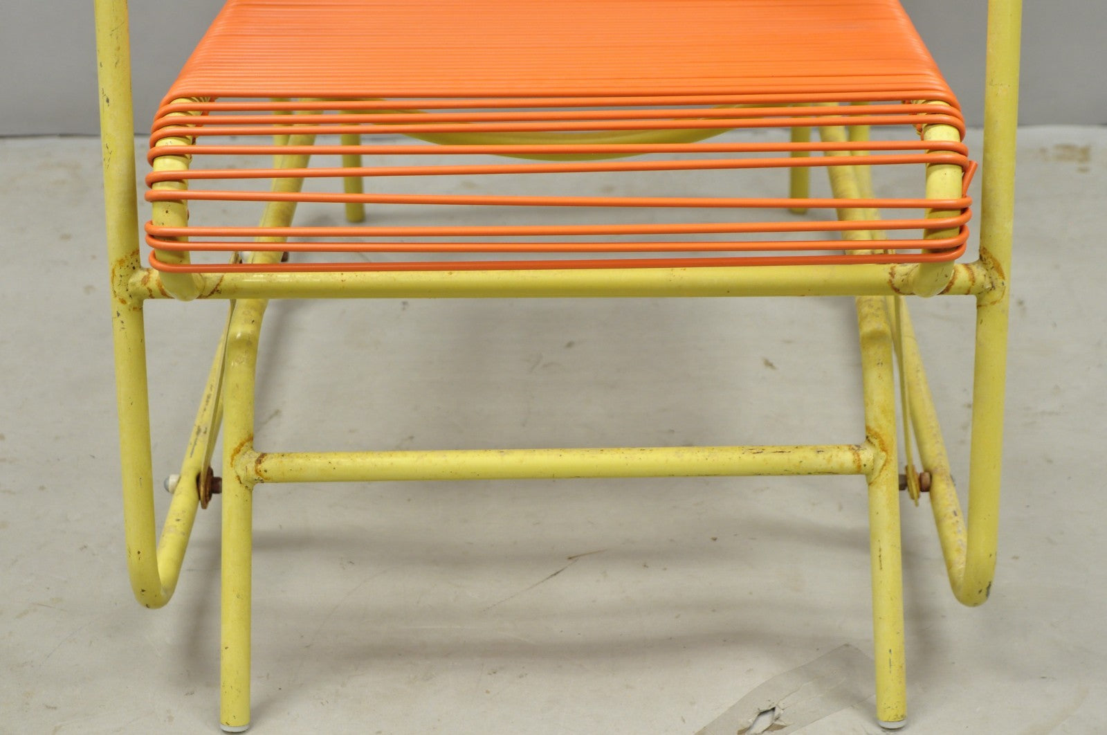 Vintage Mid Century Modern Orange Vinyl Spaghetti Strap Glider Lounge Chair