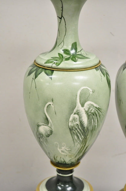 Antique French Hand Painted Porcelain "Cranes" Bird Green Urn Table Lamps - Pair