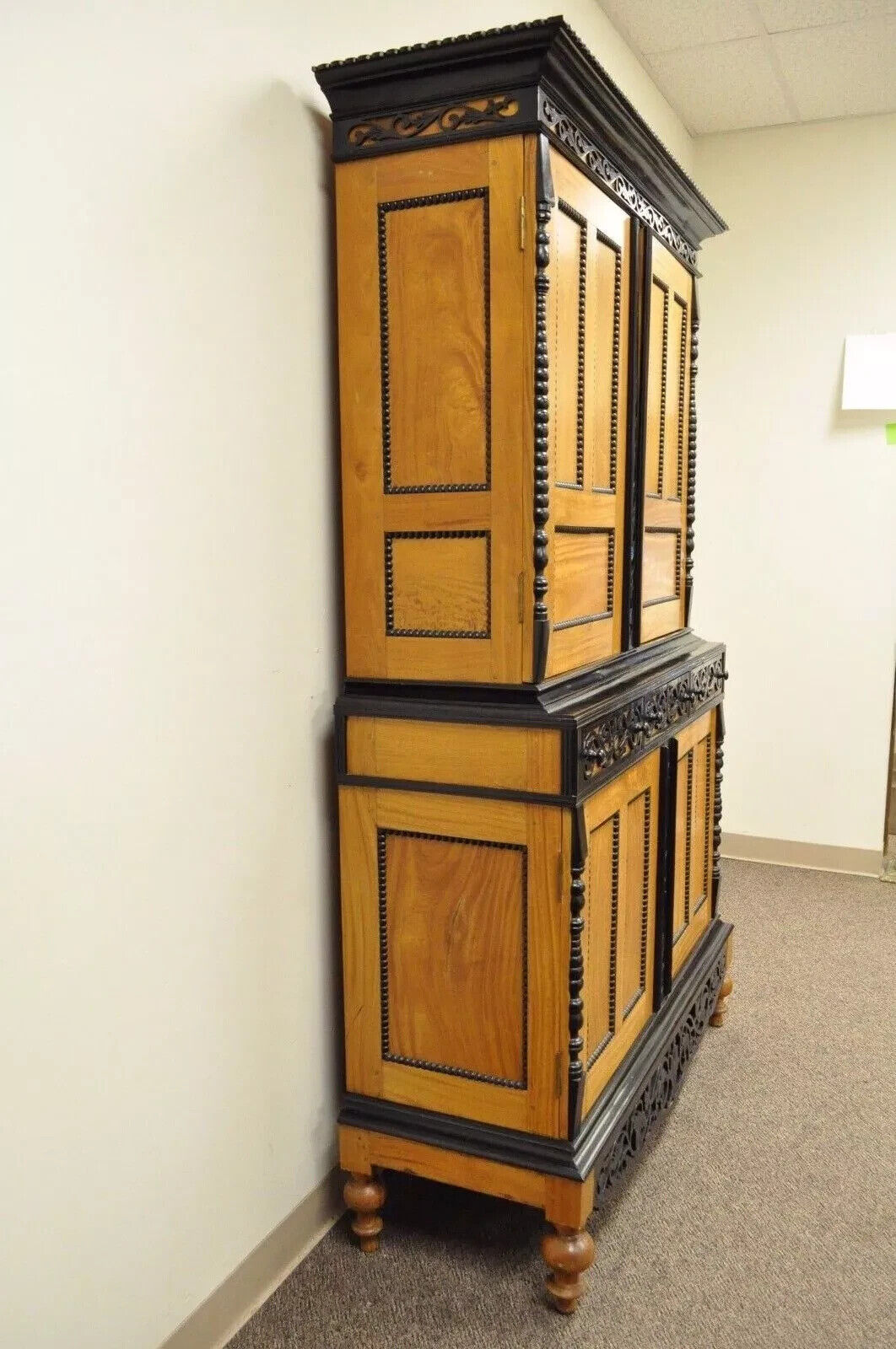 Ceylonese British Colonial Style Satinwood Ebony Mahogany Hutch Cupboard Cabinet