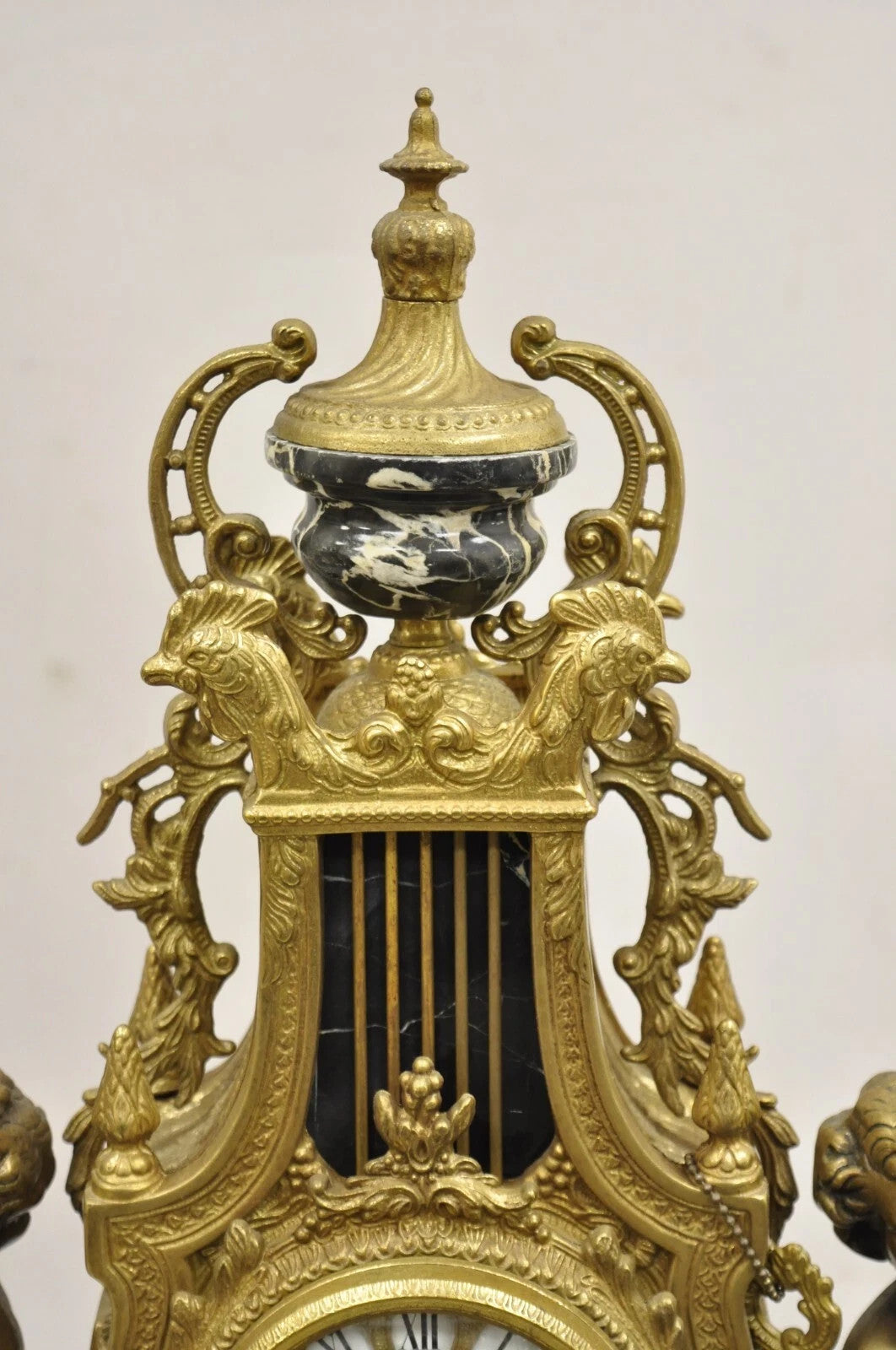 Vintage French Louis XV Style Brevettato Italy Brass & Marble Figural Clock Set