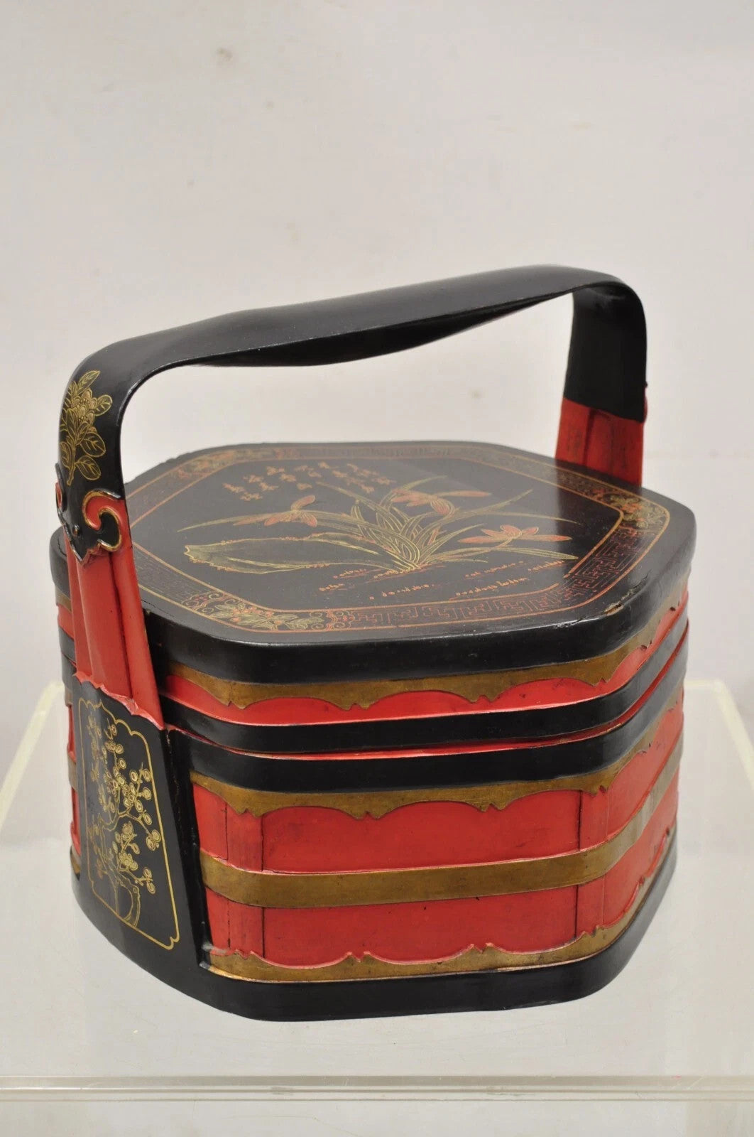 Vintage Chinese Black & Red Lacquer Floral Painted Lidded Wooden Tea Caddy Box