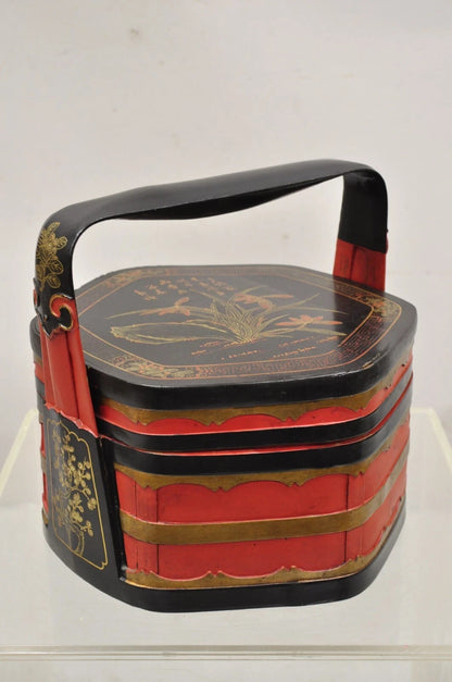 Vintage Chinese Black & Red Lacquer Floral Painted Lidded Wooden Tea Caddy Box