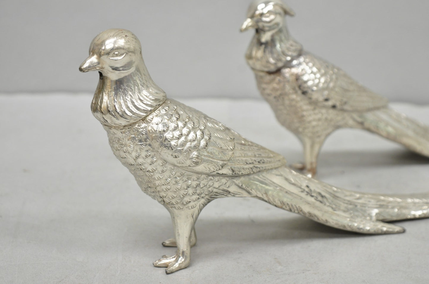 Vintage Mid Century Modern Silver Plated Pheasant Peacock Bird Figurines - Pair