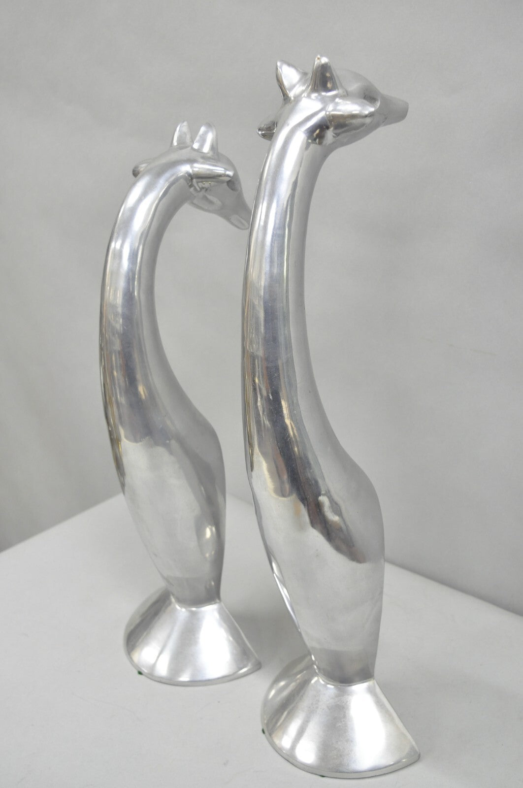 Vintage Mid Century Modern Cast Aluminum Silver Giraffe Sculptures - a Pair