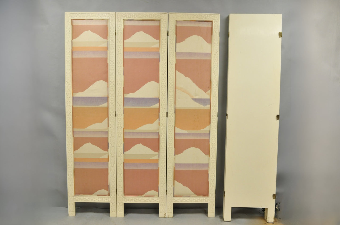 Vintage Oriental Fretwork Bone Lacquer Upholstered 6 Panel Room Divider Screen