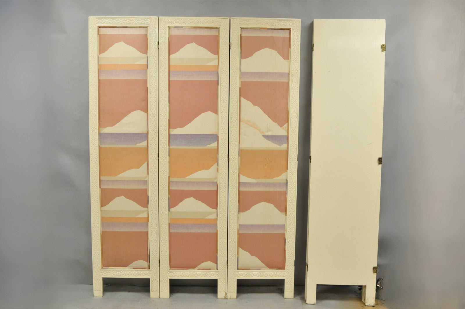 Vintage Oriental Fretwork Bone Lacquer Upholstered 6 Panel Room Divider Screen