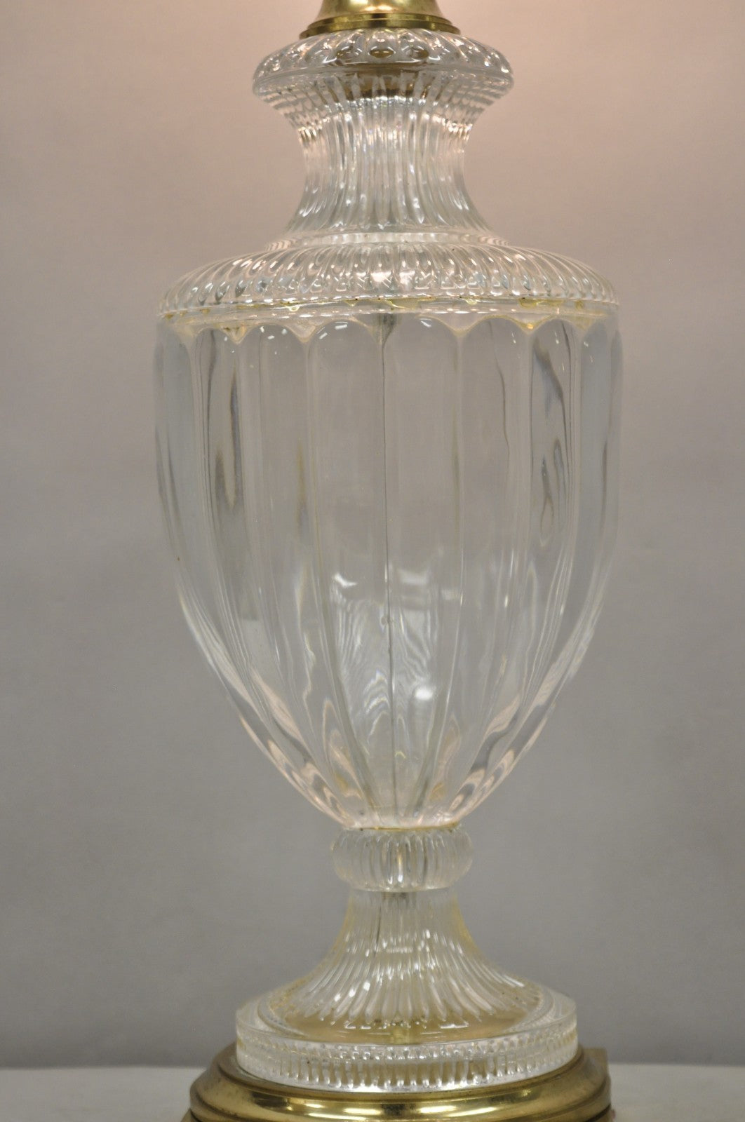 Vintage French Empire Neoclassical Faceted Crystal Glass Urn Brass Table Lamp
