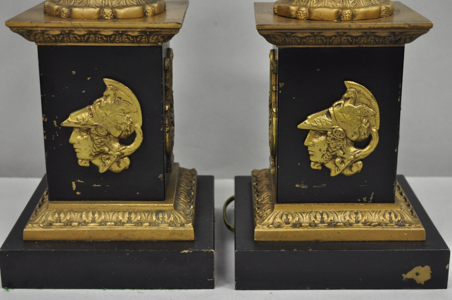 Antique French Empire Style Figural Black & Gold Tall Column Table Lamps - Pair