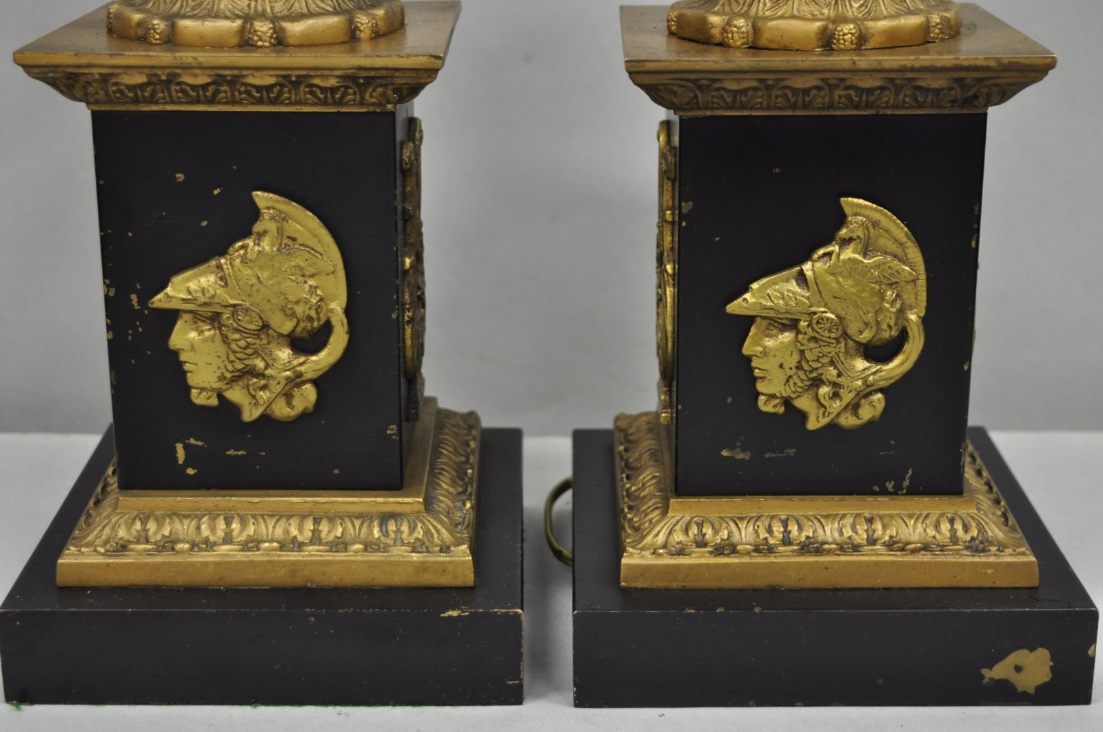 Antique French Empire Style Figural Black & Gold Tall Column Table Lamps - Pair