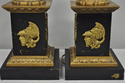 Antique French Empire Style Figural Black & Gold Tall Column Table Lamps - Pair
