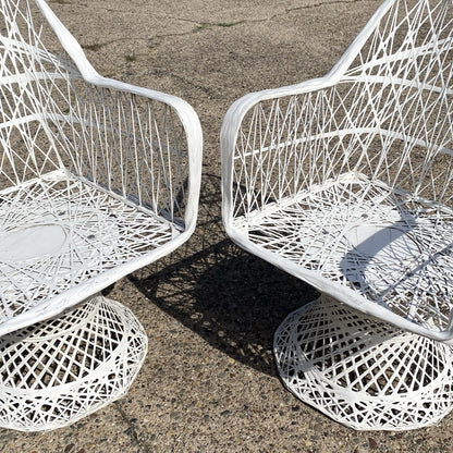 Vintage Russell Woodard Woven Spun Fiberglass Swivel Tilt Outdoor Chairs - Pair