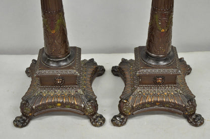 Antique French Empire Brown Painted Column Small Metal Table Lamps - a Pair
