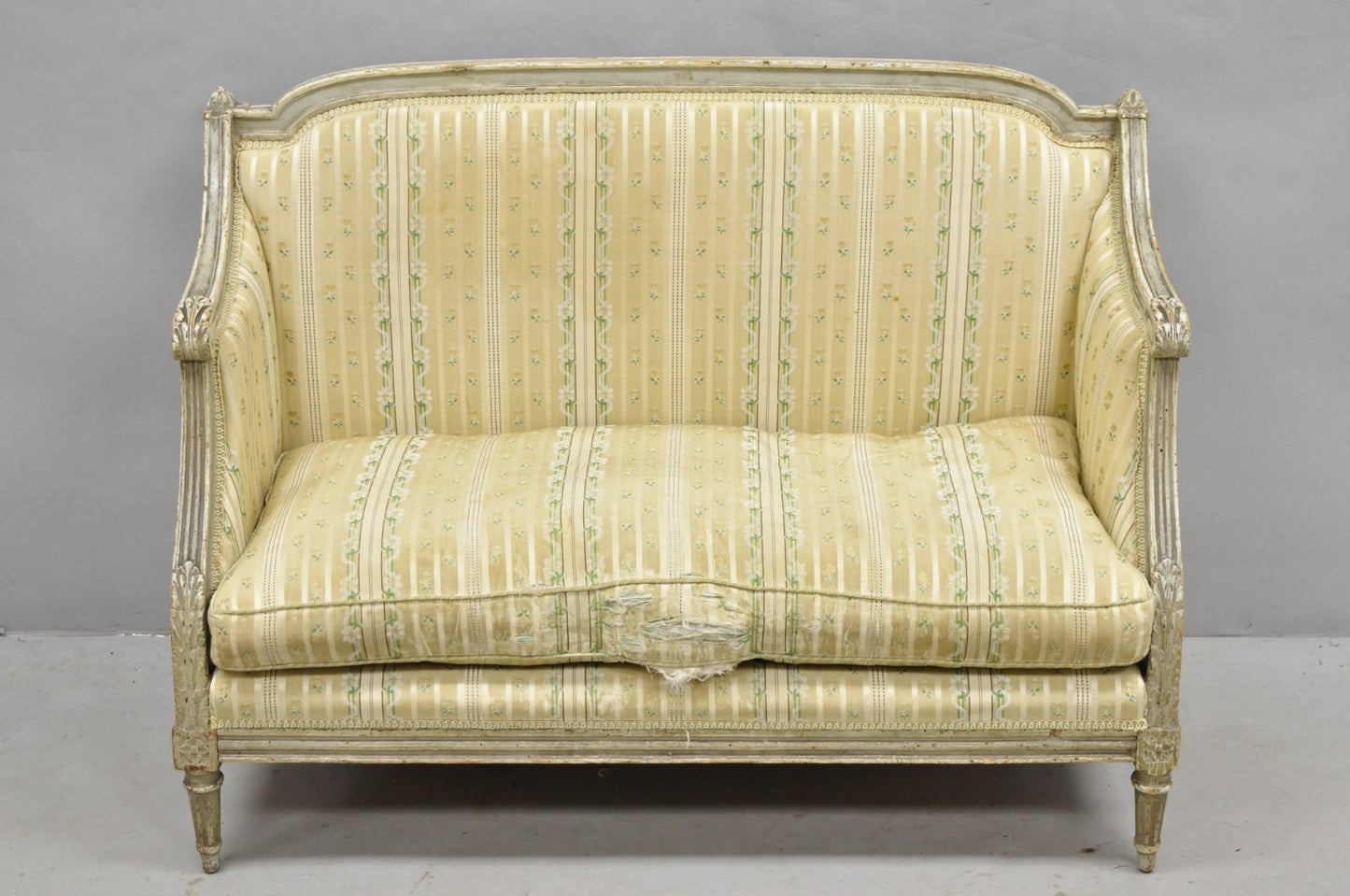 Antique French Louis XVI Style Cream Distress Painted Petite Canape Settee Sofa