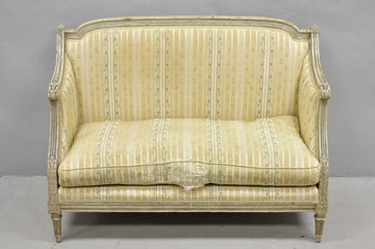 Antique French Louis XVI Style Cream Distress Painted Petite Canape Settee Sofa