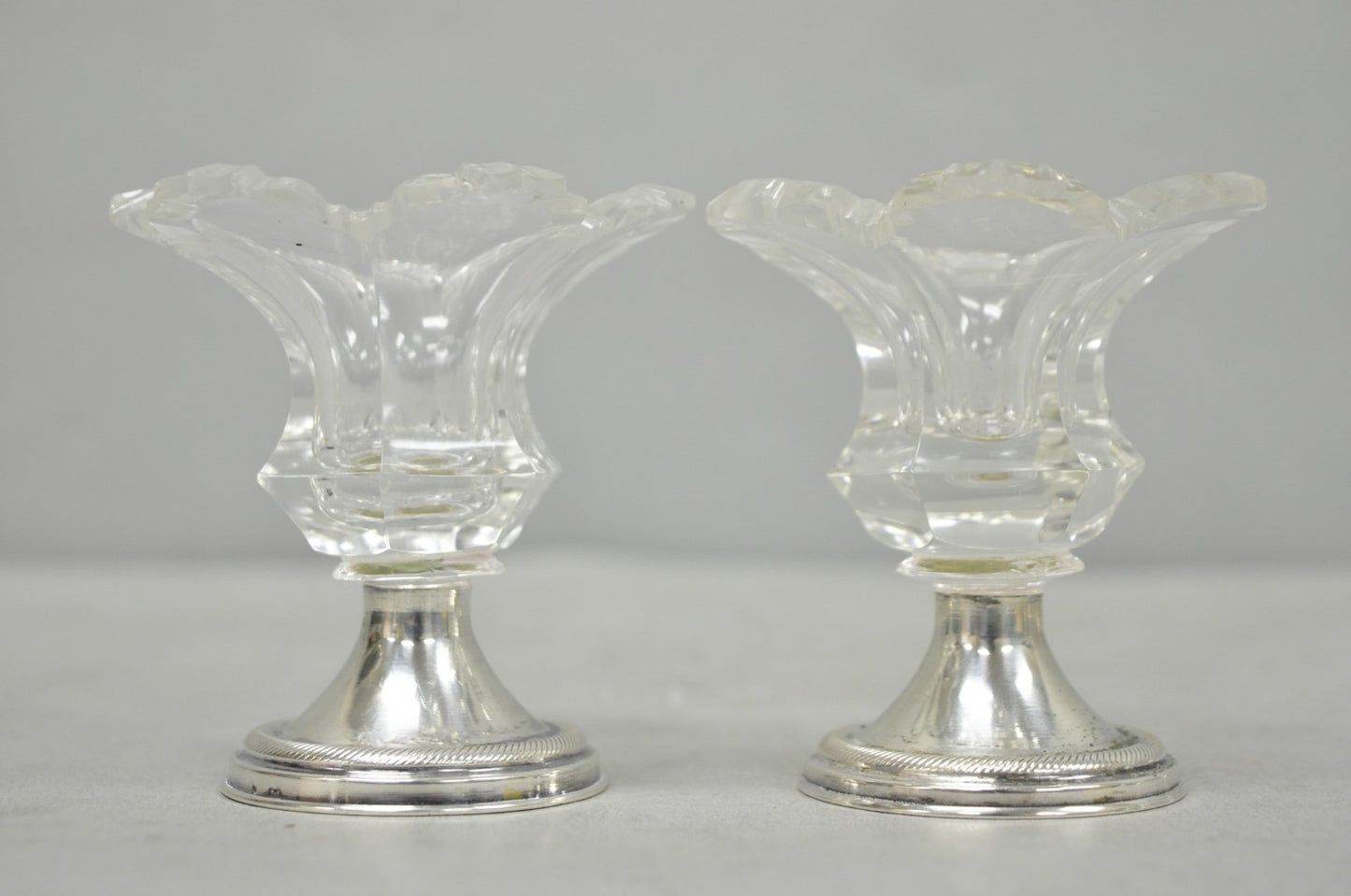 Antique English Victorian Crystal Glass & Silver Sweetmeat Candy Nut Dish, Set 6