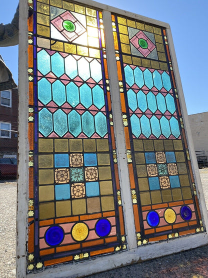 Antique Victorian 70 x 48 Double Stained Glass Window Pink Blue Green Jeweled