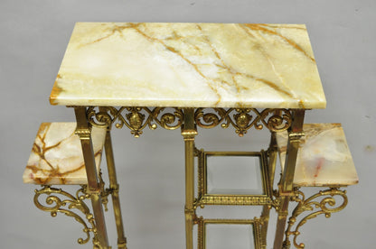 Antique Victorian Brass & Onyx Ornate Tiered Etagere Curio Display Stand Shelf