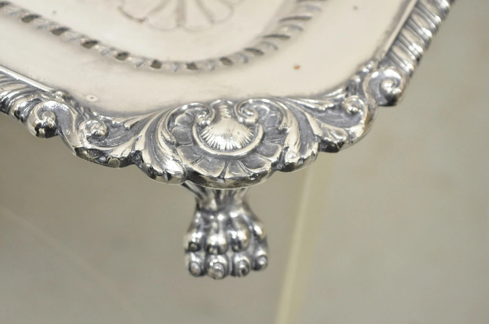 Antique English Victorian Rectangular Silver Plated Platter Bar Tray on Paw Feet