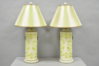 French Country Cream & Green Distressed Tole Metal Cylinder Table Lamps - a Pair