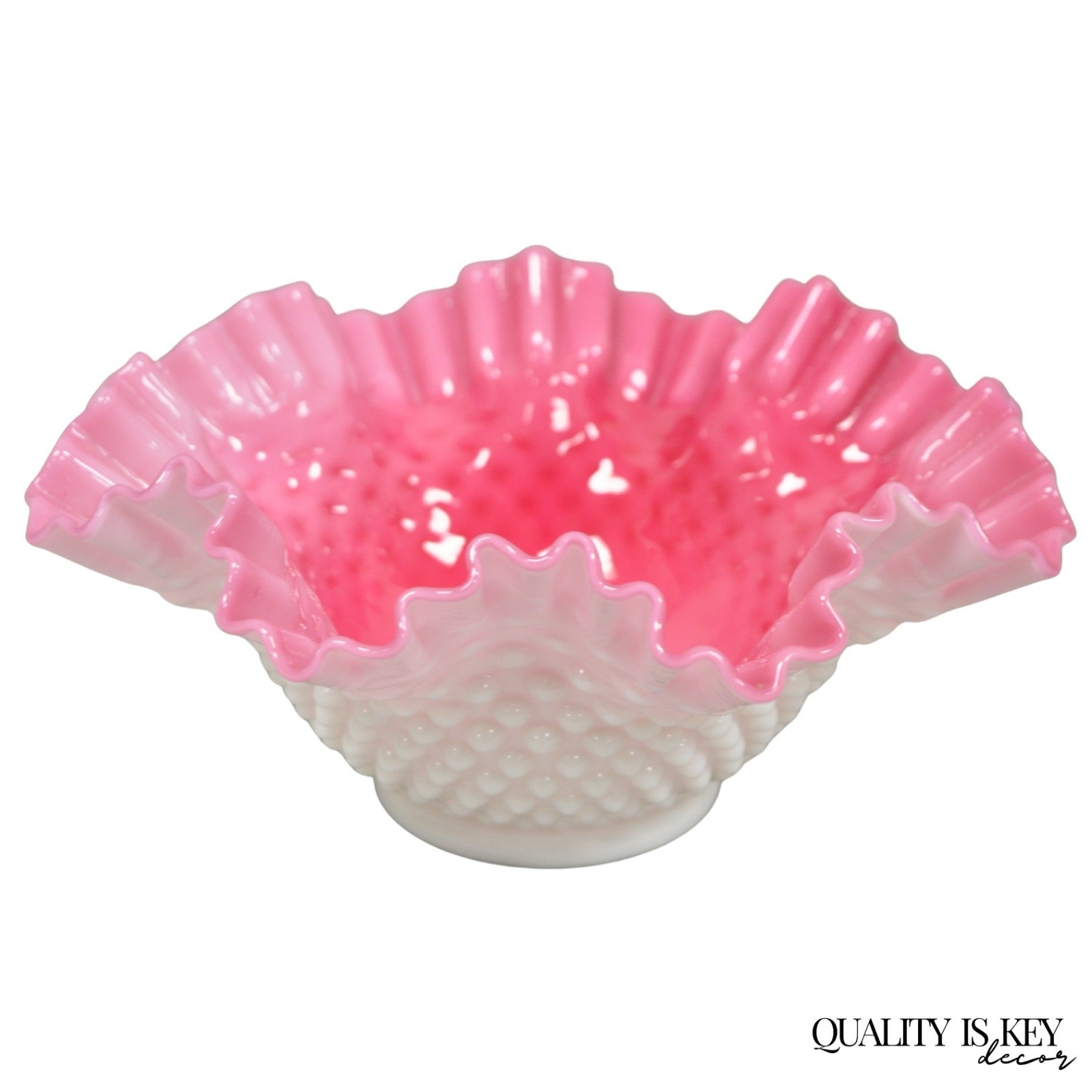 Vintage Pink & White Hobnail Cased Glass Candy Dish Ruffled Bowl Brides Basket