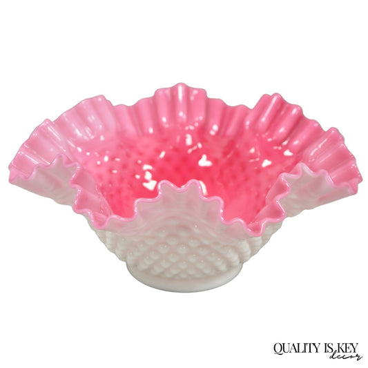 Vintage Pink & White Hobnail Cased Glass Candy Dish Ruffled Bowl Brides Basket
