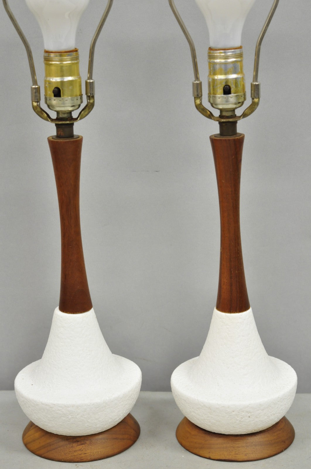 Vintage Mid Century Modern Petite Ceramic Pottery & Walnut Table Lamps - a Pair