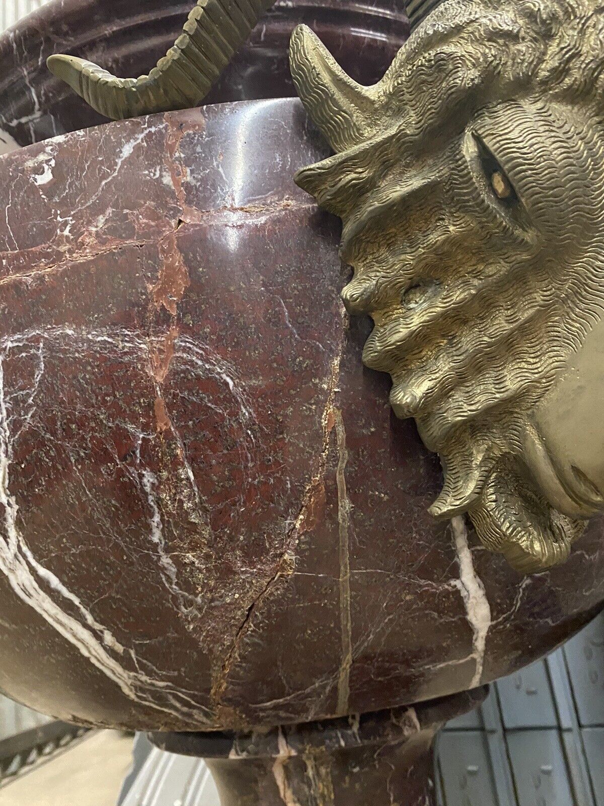 Large French Neoclassical Rouge Marble Bronze Rams Head Urn Planters - a Pair
