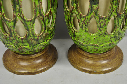Vintage Mid Century Modern Green Lava Glazed Ceramic Pierced Table Lamps - Pair