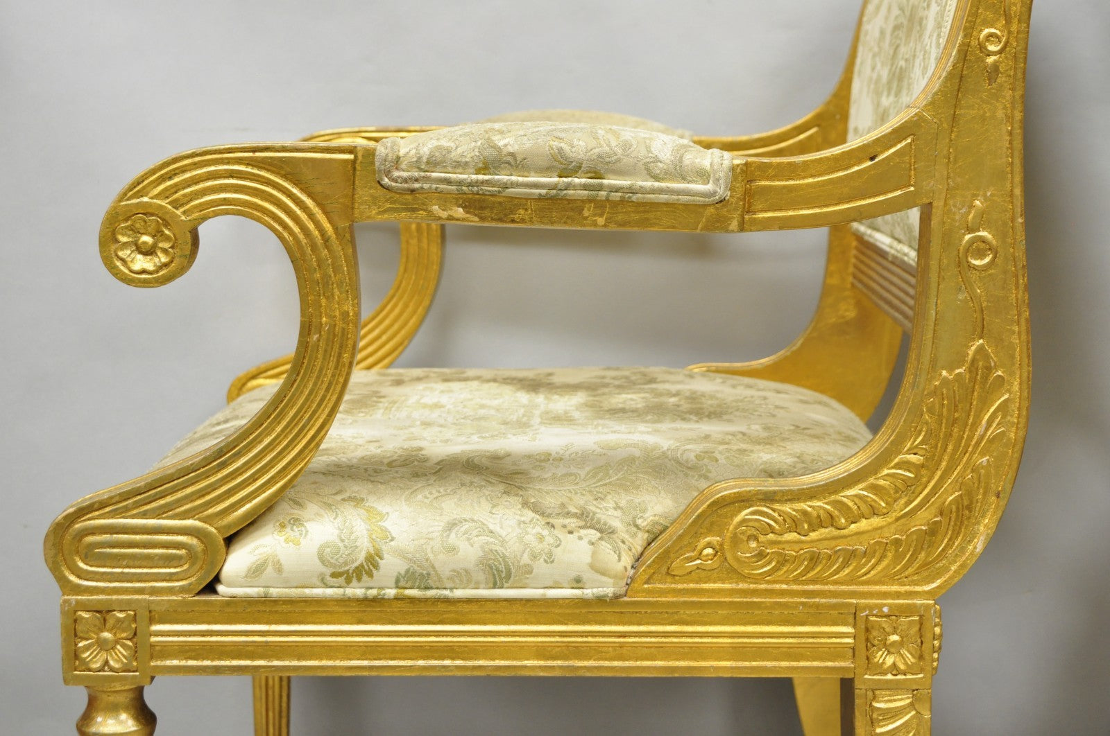 Neoclassical Regency Style Gold Carved Wood Dining Room Chairs - Set of 10