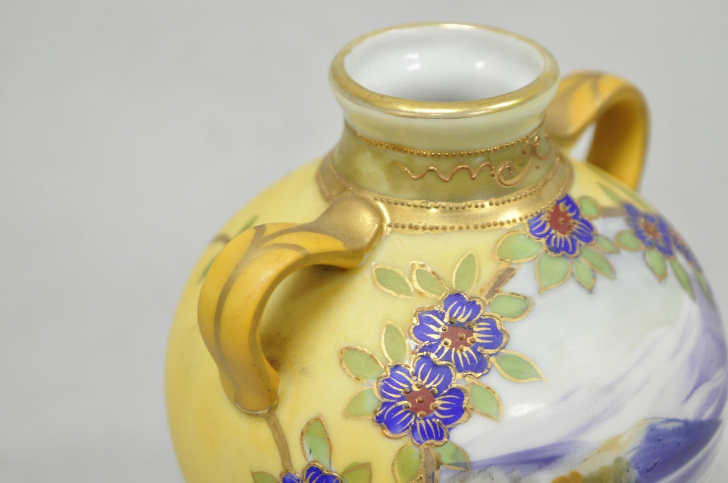 Antique Nippon Hand Painted Porcelain Moriage Mountain Scene Small Yellow Vase