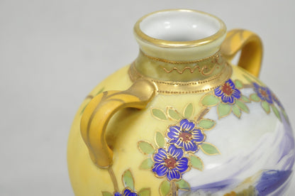 Antique Nippon Hand Painted Porcelain Moriage Mountain Scene Small Yellow Vase