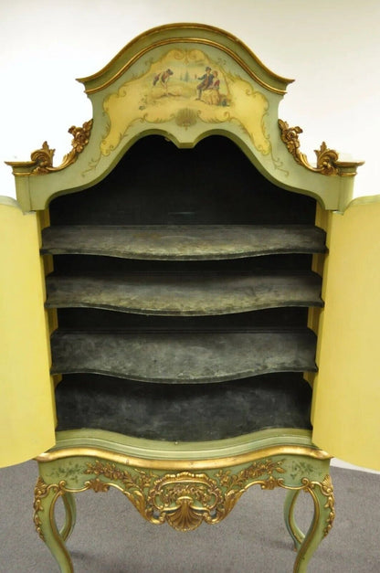 Antique French Louis XV Italian Rococo Style Hand Painted Green Cupboard Cabinet