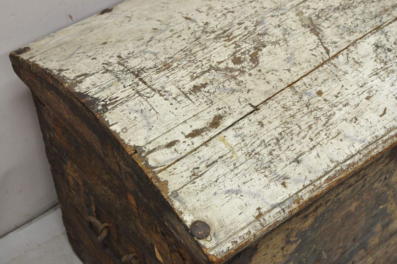 Antique European Painted Large Wooden Dome Top Sea Trunk Treasure Chest
