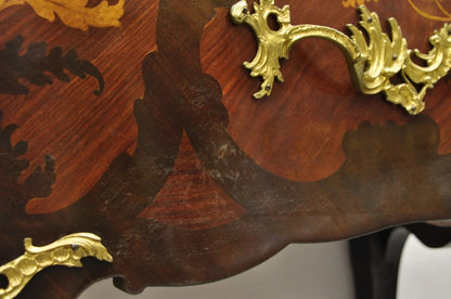 French Louis XV Style Marble Top Marquetry Inlay & Bronze Bombe Commode Dresser
