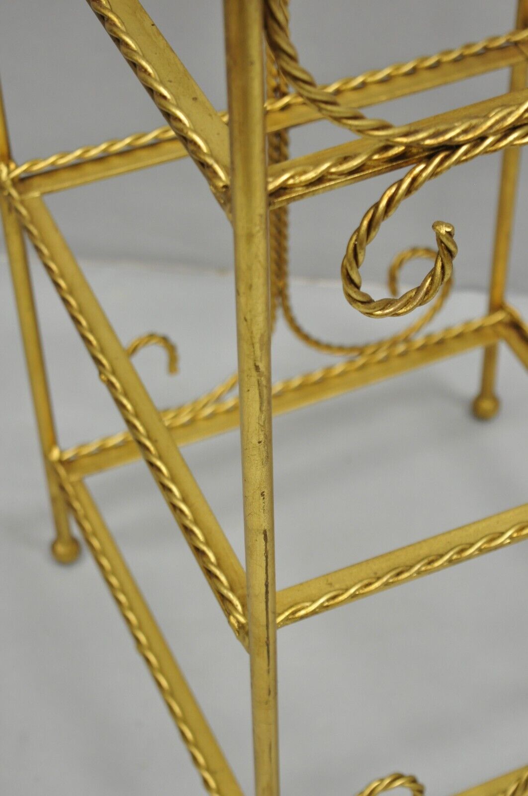 Italian Hollywood Regency Gold Gilt Iron Tassel 3 Tier Etagere Towel Rack Stand