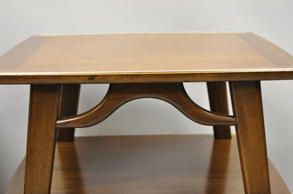 Vintage Mid Century Modern Sculpted Walnut 2 Tier End Tables w Brass Feet - Pair