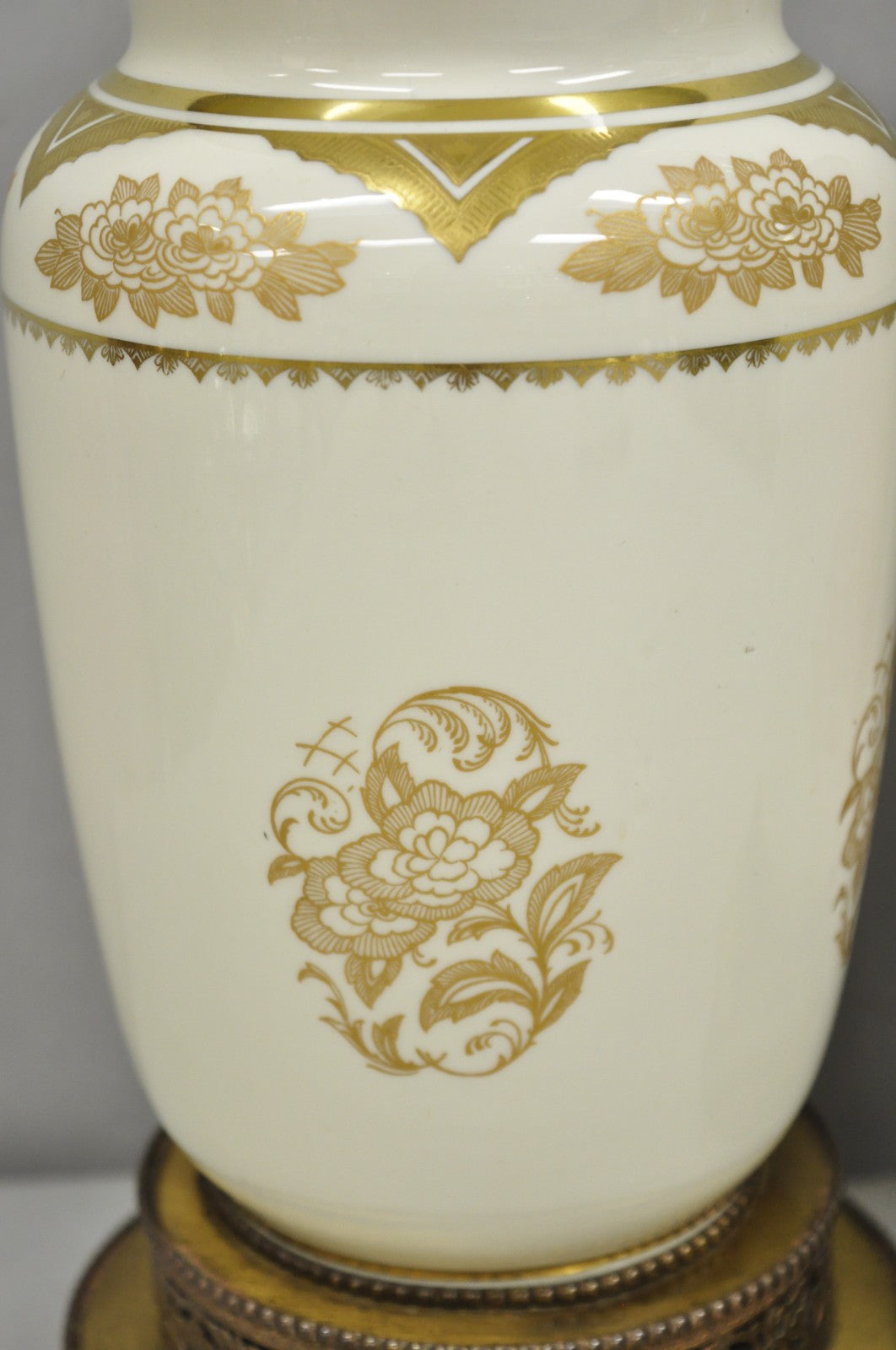 Vintage Victorian Cream & Gold Gilt Porcelain Table Lamps attr Lenox - a Pair