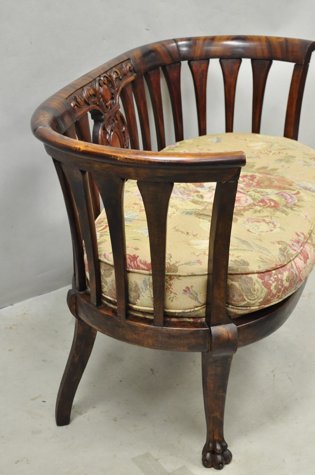 Antique Victorian Carved Mahogany Paw Foot Barrel Back Settee Loveseat Sofa
