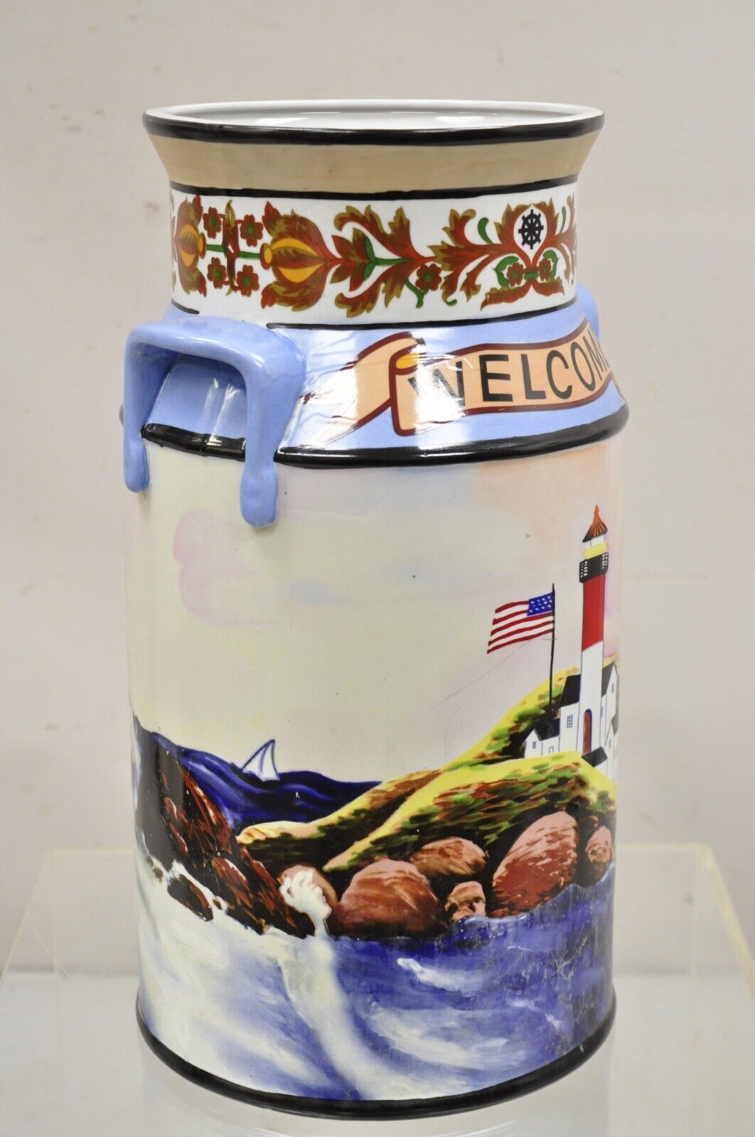 Vintage Nautical Painted Lighthouse and Flag Ceramic Umbrella Cane Holder